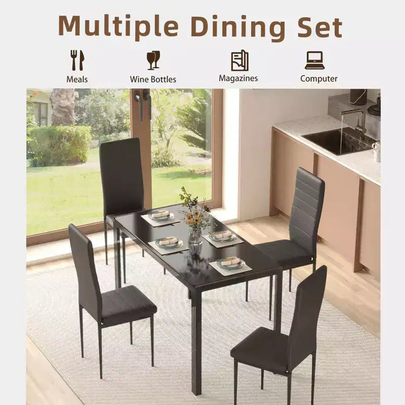Conjunto de mesa de comedor con tablero de vidrio EROMMY Ebern Designs de 5 piezas, mesa de cocina y 4 sillas de cuero sintético de lujo, negro