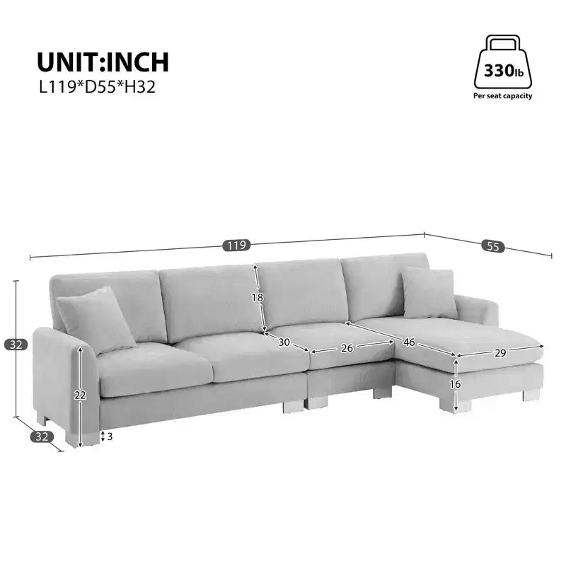 Whisen modernes übergroßes Ecksofa, luxuriöse L-förmige Couchgarnitur mit Longchair und 2 Kissen