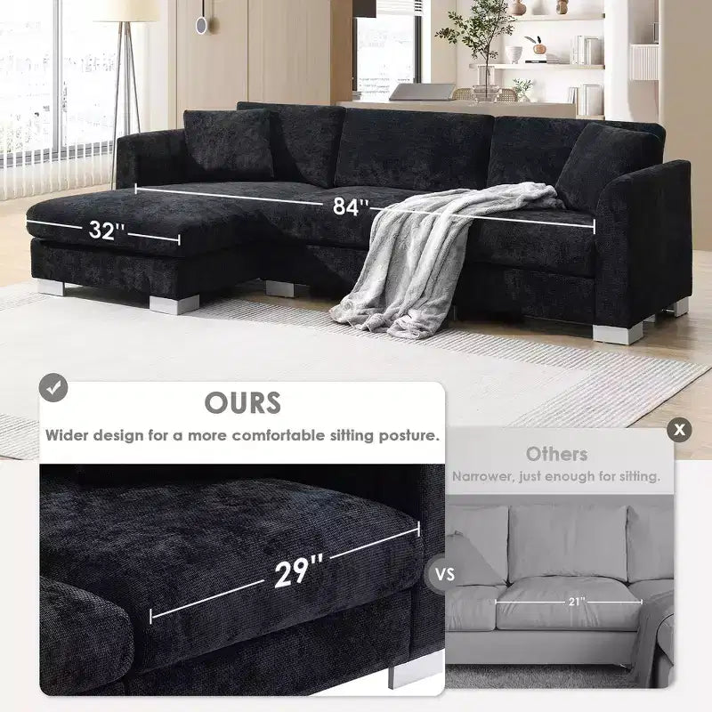 Whisen modernes übergroßes Ecksofa, luxuriöse L-förmige Couchgarnitur mit Longchair und 2 Kissen