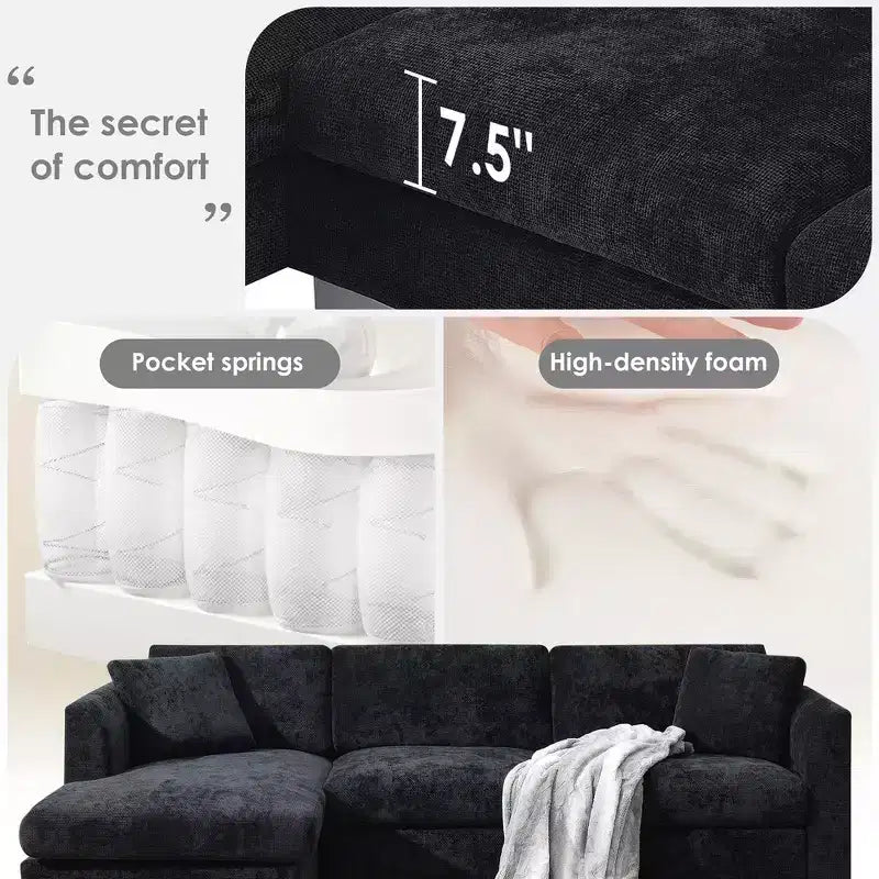 Whisen modernes übergroßes Ecksofa, luxuriöse L-förmige Couchgarnitur mit Longchair und 2 Kissen