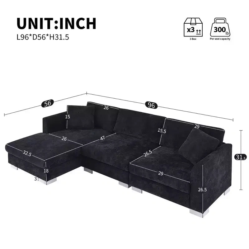 Whisen modernes übergroßes Ecksofa, luxuriöse L-förmige Couchgarnitur mit Longchair und 2 Kissen