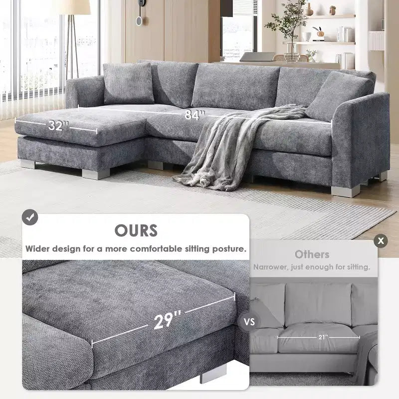 Whisen modernes übergroßes Ecksofa, luxuriöse L-förmige Couchgarnitur mit Longchair und 2 Kissen