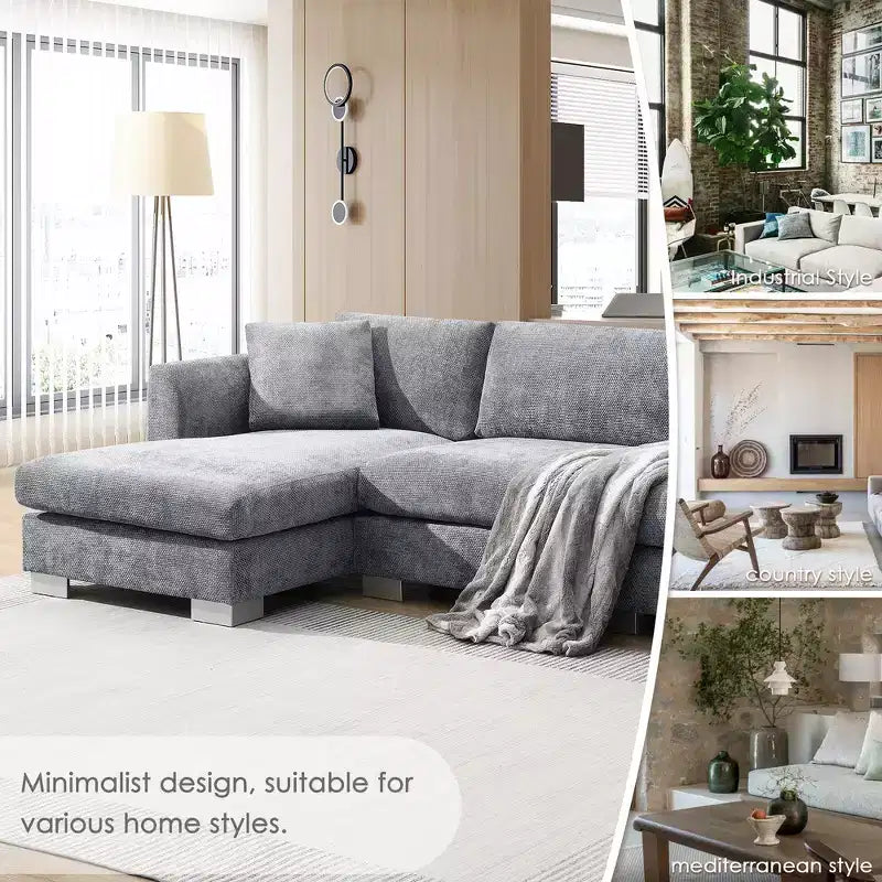 Whisen modernes übergroßes Ecksofa, luxuriöse L-förmige Couchgarnitur mit Longchair und 2 Kissen