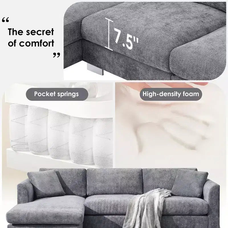 Whisen modernes übergroßes Ecksofa, luxuriöse L-förmige Couchgarnitur mit Longchair und 2 Kissen