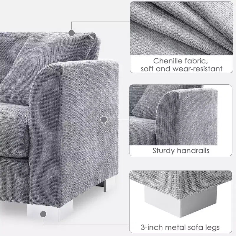 Whisen modernes übergroßes Ecksofa, luxuriöse L-förmige Couchgarnitur mit Longchair und 2 Kissen