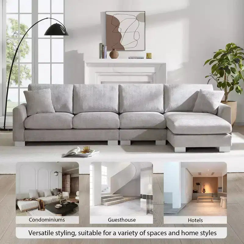 Whisen modernes übergroßes Ecksofa, luxuriöse L-förmige Couchgarnitur mit Longchair und 2 Kissen