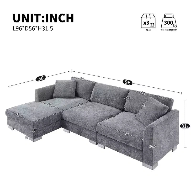 Whisen modernes übergroßes Ecksofa, luxuriöse L-förmige Couchgarnitur mit Longchair und 2 Kissen