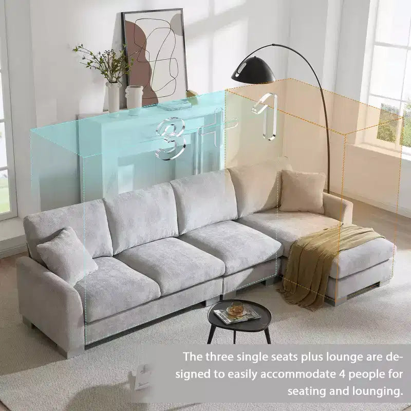 Whisen modernes übergroßes Ecksofa, luxuriöse L-förmige Couchgarnitur mit Longchair und 2 Kissen