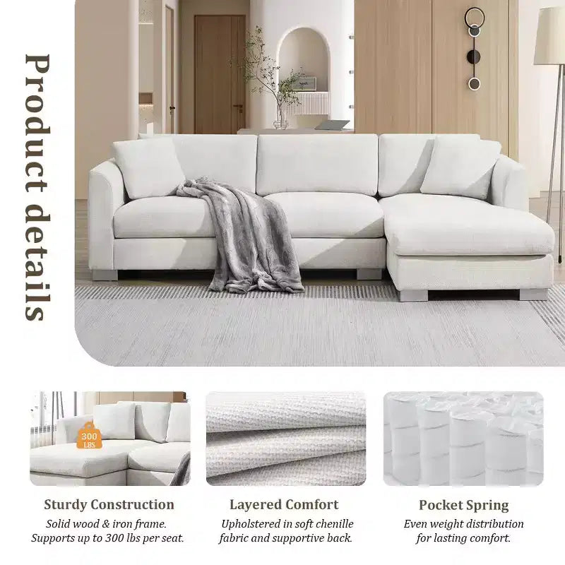 Whisen modernes übergroßes Ecksofa, luxuriöse L-förmige Couchgarnitur mit Longchair und 2 Kissen