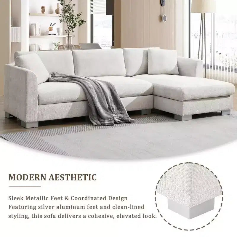 Whisen modernes übergroßes Ecksofa, luxuriöse L-förmige Couchgarnitur mit Longchair und 2 Kissen