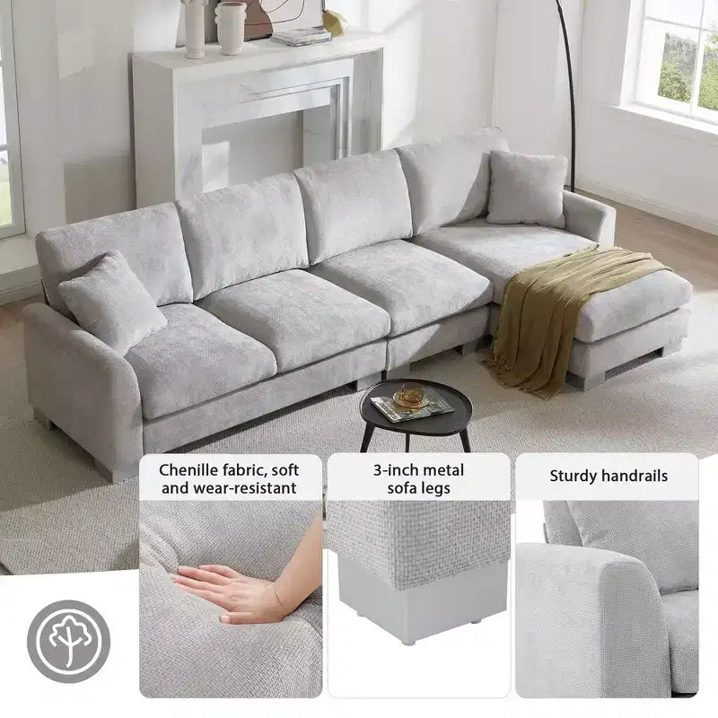 Whisen modernes übergroßes Ecksofa, luxuriöse L-förmige Couchgarnitur mit Longchair und 2 Kissen