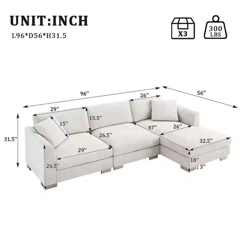 Whisen modernes übergroßes Ecksofa, luxuriöse L-förmige Couchgarnitur mit Longchair und 2 Kissen