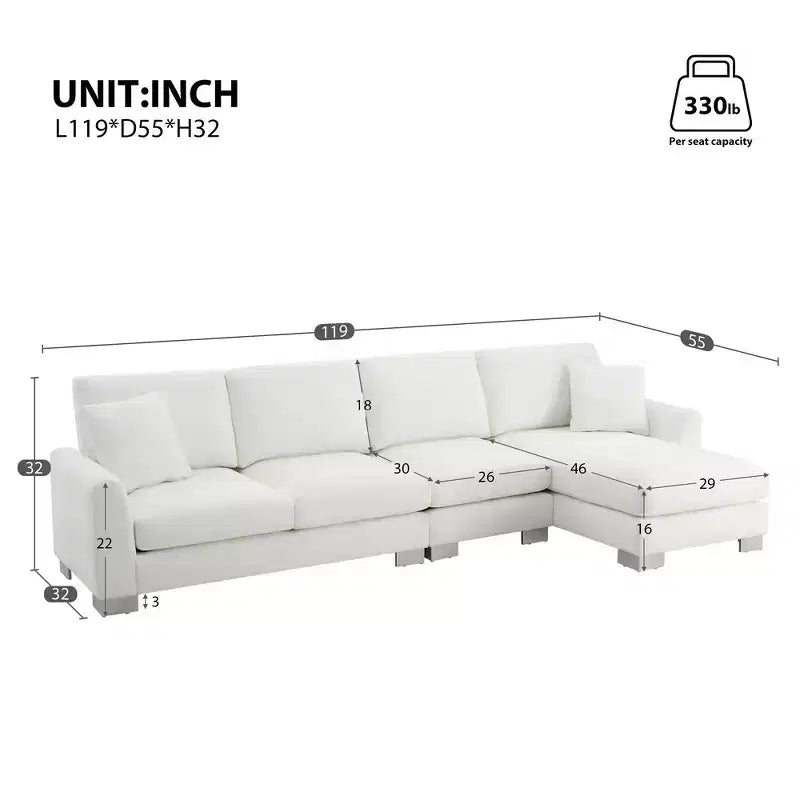 Whisen modernes übergroßes Ecksofa, luxuriöse L-förmige Couchgarnitur mit Longchair und 2 Kissen