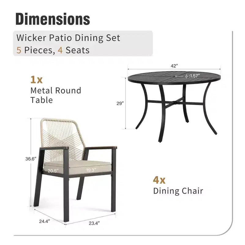 Captiva Designs 5-teiliges Terrassen-Esszimmer-Set mit rundem Stahltisch mit Lamellenplatte & beigefarbenen Rattan-Stühlen mit dicken Polstern