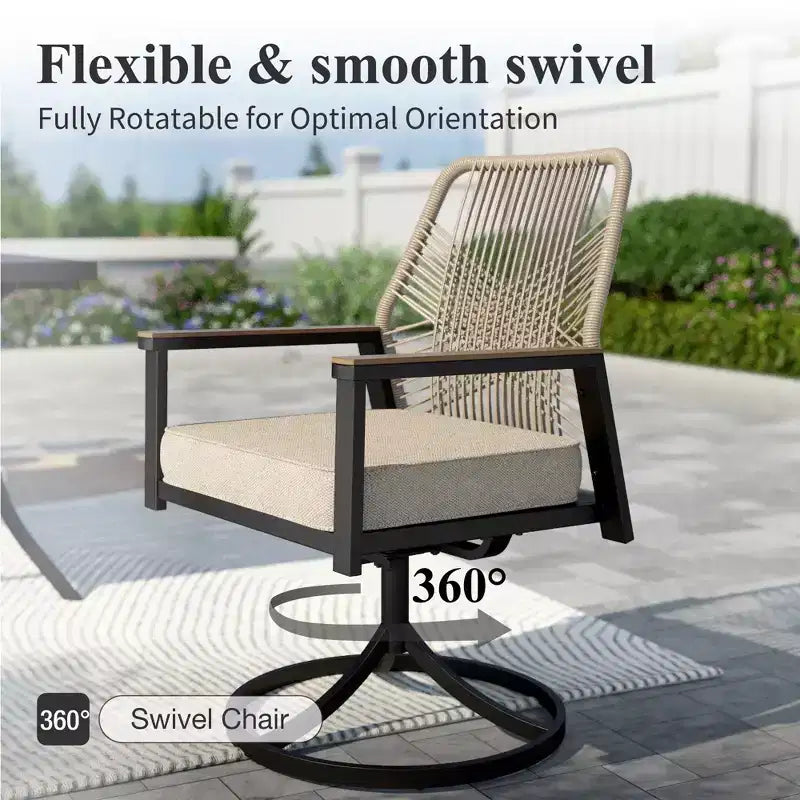 Captiva Designs 5-teiliges Terrassen-Esszimmer-Set mit rundem Stahltisch mit Lamellenplatte & beigefarbenen Rattan-Stühlen mit dicken Polstern