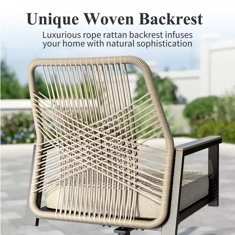 Captiva Designs 5-teiliges Terrassen-Esszimmer-Set mit rundem Stahltisch mit Lamellenplatte & beigefarbenen Rattan-Stühlen mit dicken Polstern