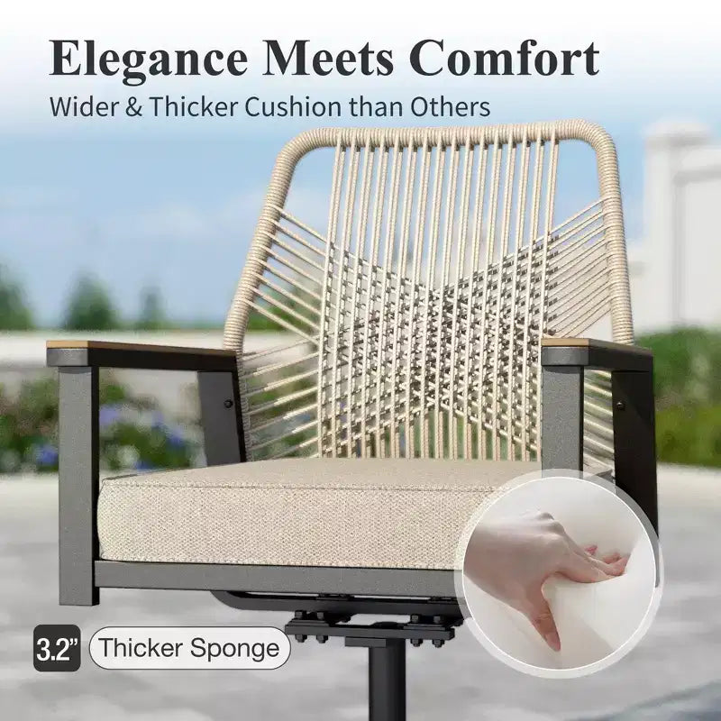 Captiva Designs 5-teiliges Terrassen-Esszimmer-Set mit rundem Stahltisch mit Lamellenplatte & beigefarbenen Rattan-Stühlen mit dicken Polstern