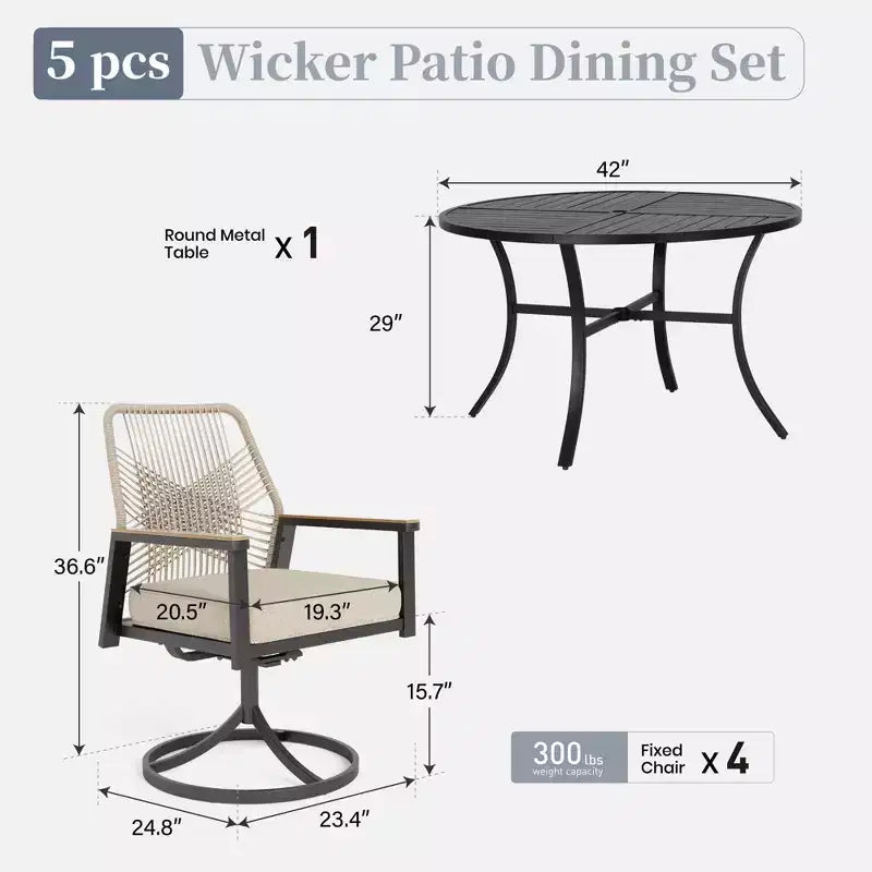 Captiva Designs 5-teiliges Terrassen-Esszimmer-Set mit rundem Stahltisch mit Lamellenplatte & beigefarbenen Rattan-Stühlen mit dicken Polstern