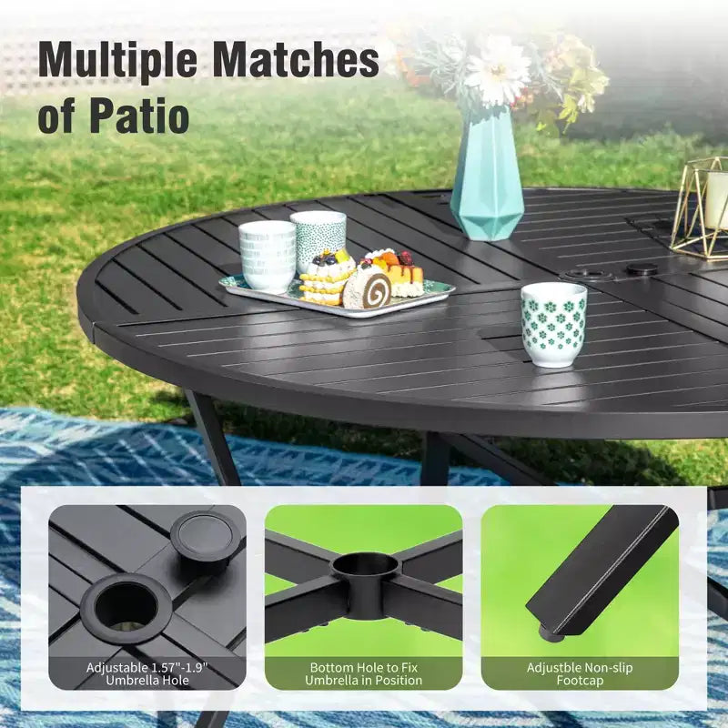 Captiva Designs 5-teiliges Terrassen-Esszimmer-Set mit rundem Stahltisch mit Lamellenplatte & beigefarbenen Rattan-Stühlen mit dicken Polstern
