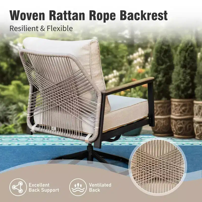 Captiva Designs Outdoor Woven Rope Patio Conversation Set with Swivel Chairs for Poolside, Garden, and Backyard