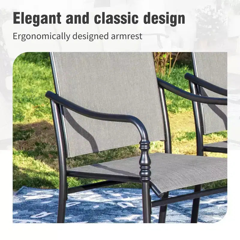 Captiva Designs 7-częściowy zestaw mebli jadalnianych na taras i do ogrodu z prostokątnym stołem z listwowym blatem i szarymi stałymi krzesłami z tekstylenu