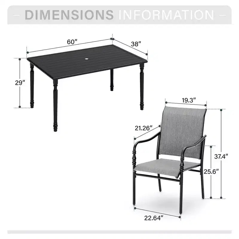 Captiva Designs 7-częściowy zestaw mebli jadalnianych na taras i do ogrodu z prostokątnym stołem z listwowym blatem i szarymi stałymi krzesłami z tekstylenu
