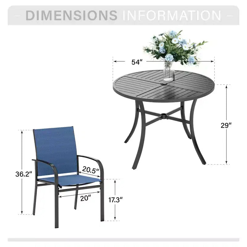 Mesa redonda negra de acero con listones para 7 personas de Captiva Designs, con orificio para sombrilla y sillas de textileno