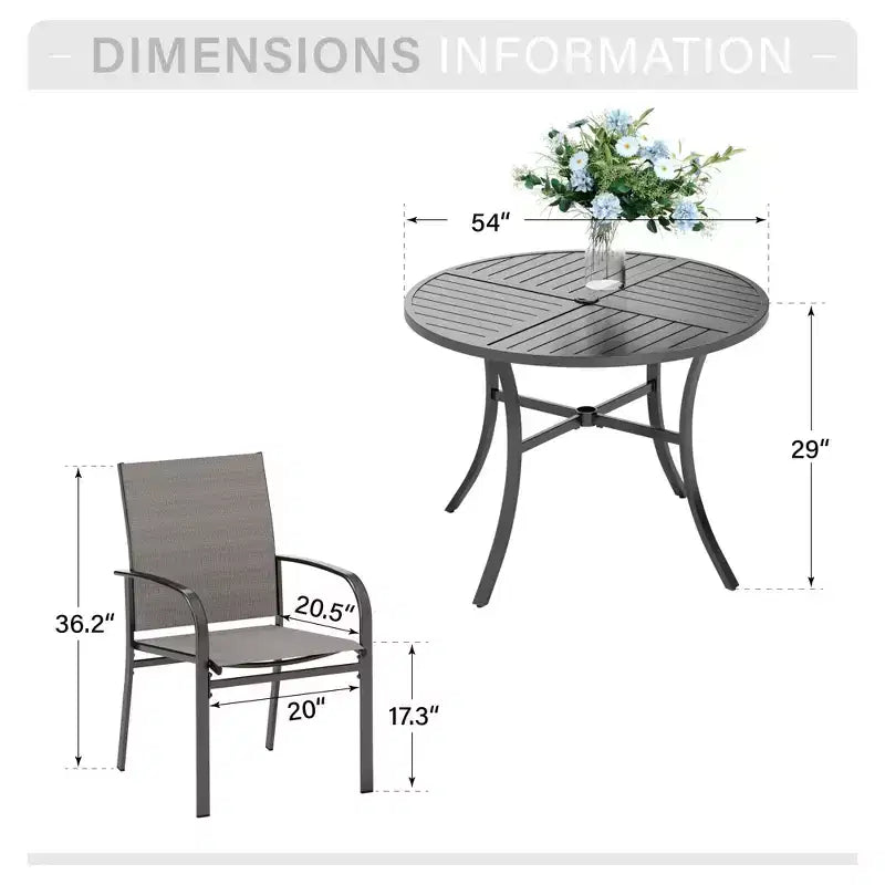 Mesa redonda negra de acero con listones para 7 personas de Captiva Designs, con orificio para sombrilla y sillas de textileno