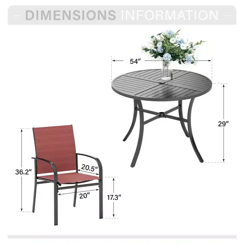 Mesa redonda negra de acero con listones para 7 personas de Captiva Designs, con orificio para sombrilla y sillas de textileno