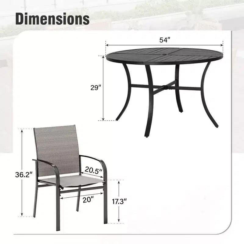Mesa redonda negra de acero con listones para 7 personas de Captiva Designs, con orificio para sombrilla y sillas de textileno