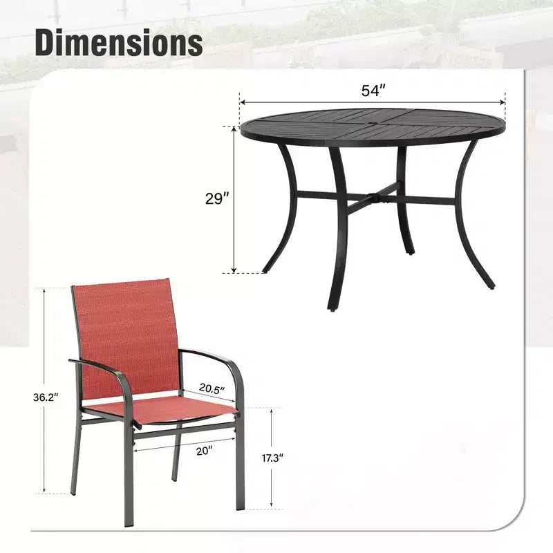 Mesa redonda negra de acero con listones para 7 personas de Captiva Designs, con orificio para sombrilla y sillas de textileno