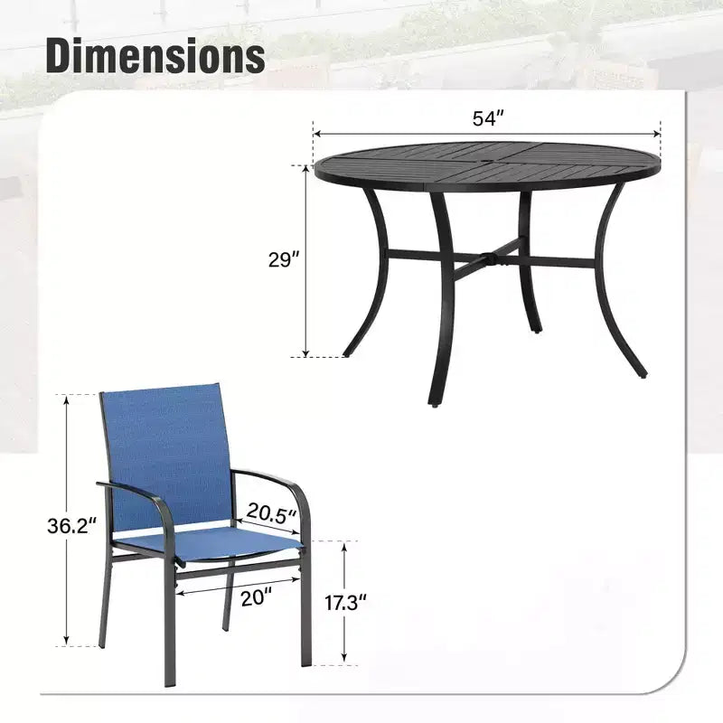 Mesa redonda negra de acero con listones para 7 personas de Captiva Designs, con orificio para sombrilla y sillas de textileno
