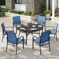 Captiva Designs 7pc Black Round Slatted Steel Table with Umbrella Hole & Textilene Chairs