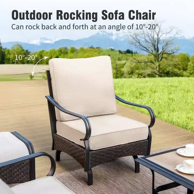 Captiva Designs 4pc extra large metal and rattan outdoor patio fire pit set with rocking armchairs