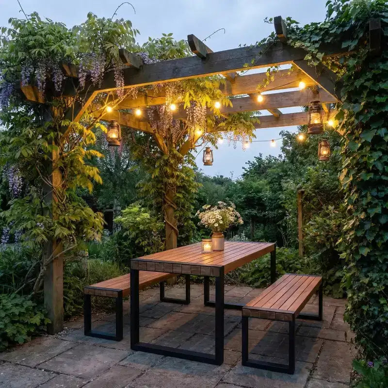 Whisen weerbestendige eettafelset voor buiten met 2 banken, tuinmeubelset met uniek bladreliëf, blad van acaciahout en stalen frame - naturel