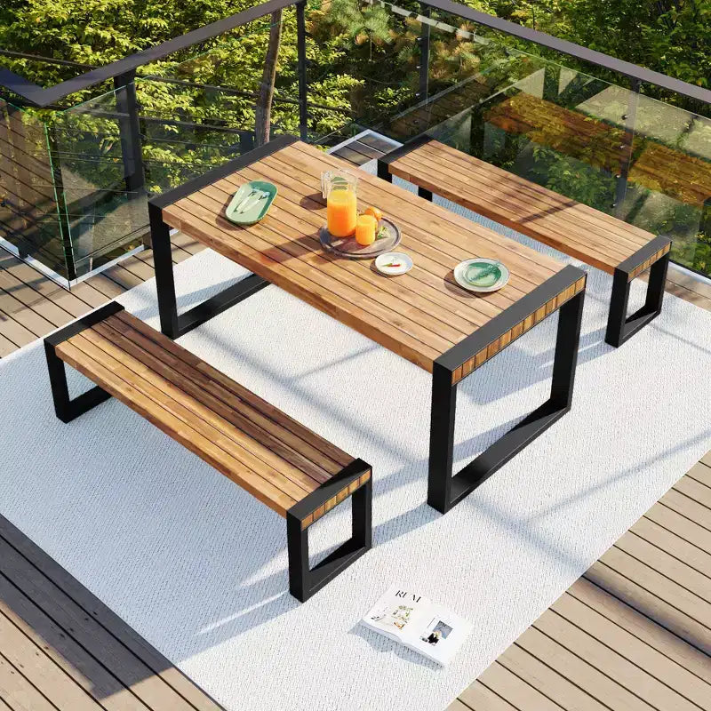 Whisen weerbestendige eettafelset voor buiten met 2 banken, tuinmeubelset met uniek bladreliëf, blad van acaciahout en stalen frame - naturel