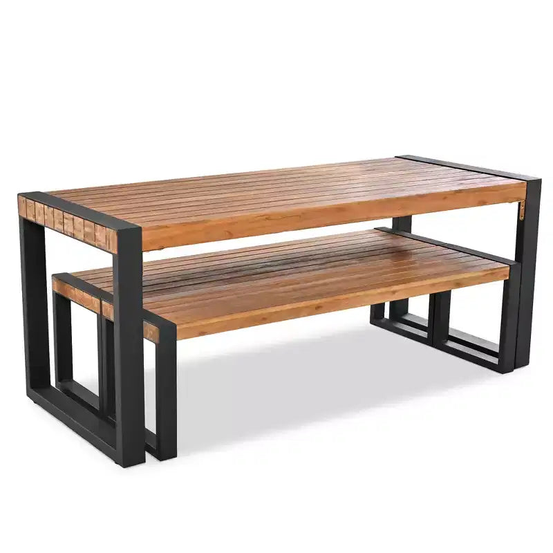 Whisen weerbestendige eettafelset voor buiten met 2 banken, tuinmeubelset met uniek bladreliëf, blad van acaciahout en stalen frame - naturel