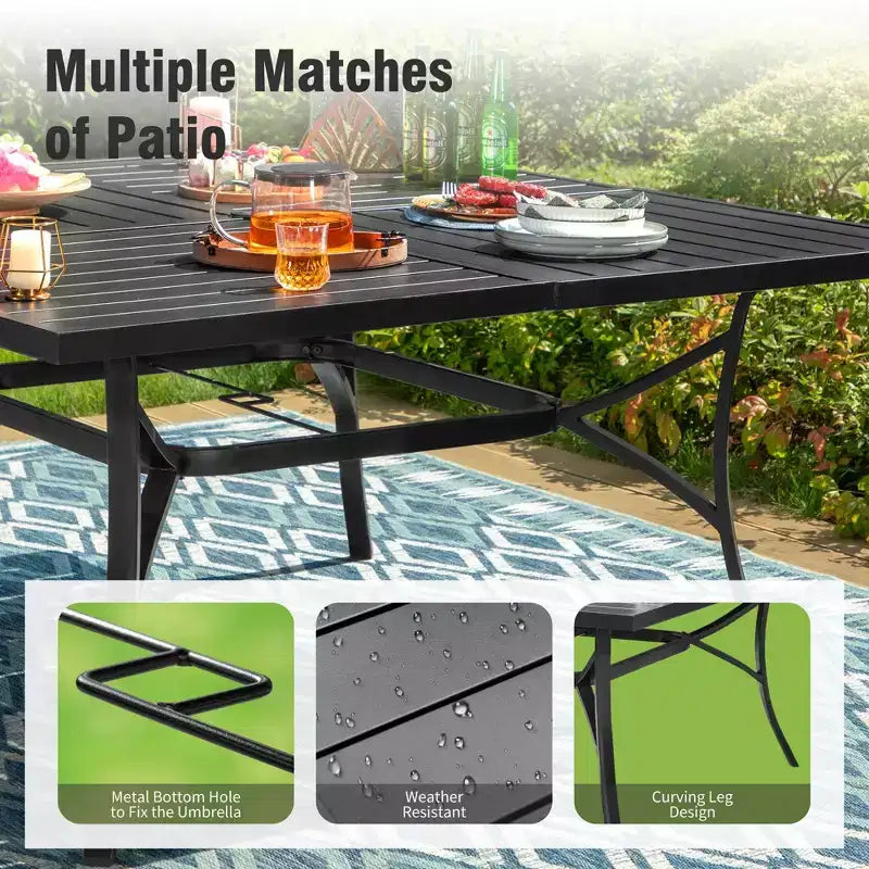Captiva Designs 9-teiliges geräumiges quadratisches Metalltisch-Set mit Lamellenplatte, Sonnenschirmöffnung und verstellbaren klappbaren Sling-Stühlen