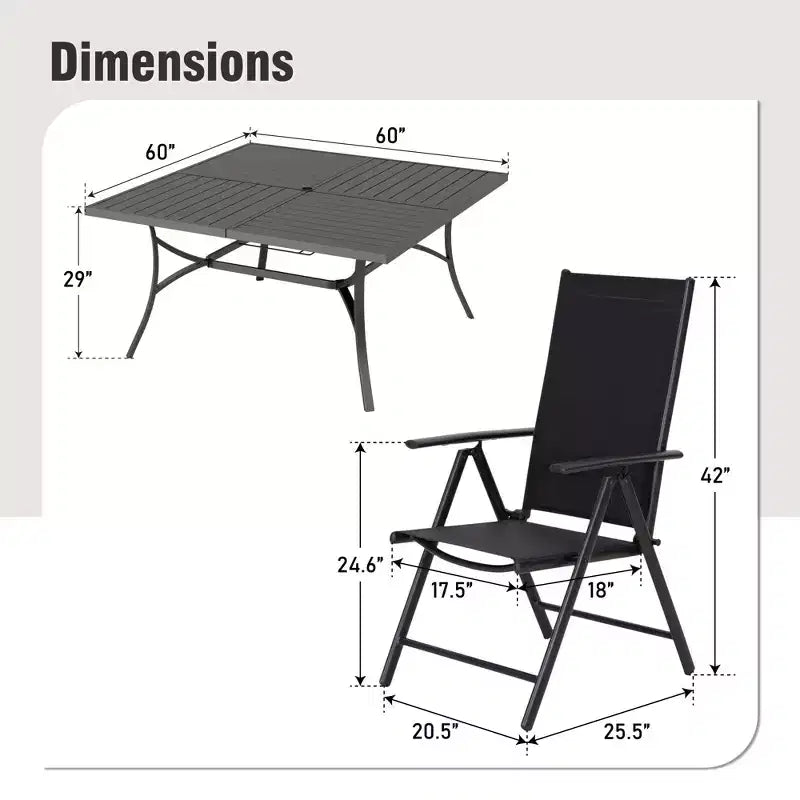 Captiva Designs 9-teiliges geräumiges quadratisches Metalltisch-Set mit Lamellenplatte, Sonnenschirmöffnung und verstellbaren klappbaren Sling-Stühlen