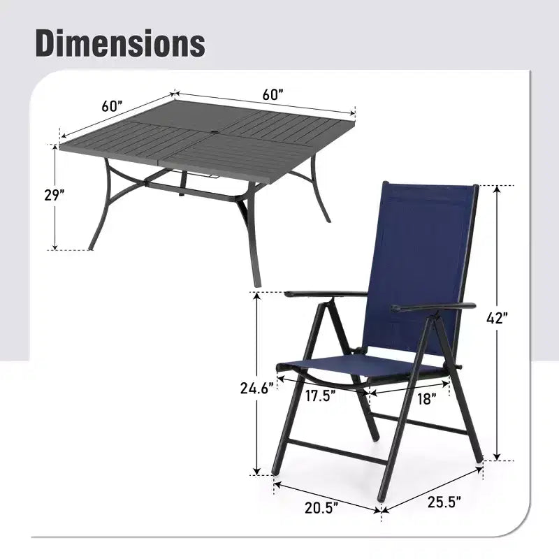 Captiva Designs 9-teiliges geräumiges quadratisches Metalltisch-Set mit Lamellenplatte, Sonnenschirmöffnung und verstellbaren klappbaren Sling-Stühlen