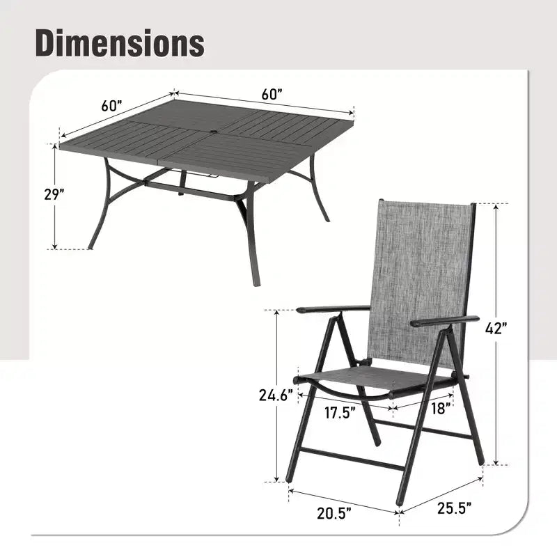 Captiva Designs 9-teiliges geräumiges quadratisches Metalltisch-Set mit Lamellenplatte, Sonnenschirmöffnung und verstellbaren klappbaren Sling-Stühlen