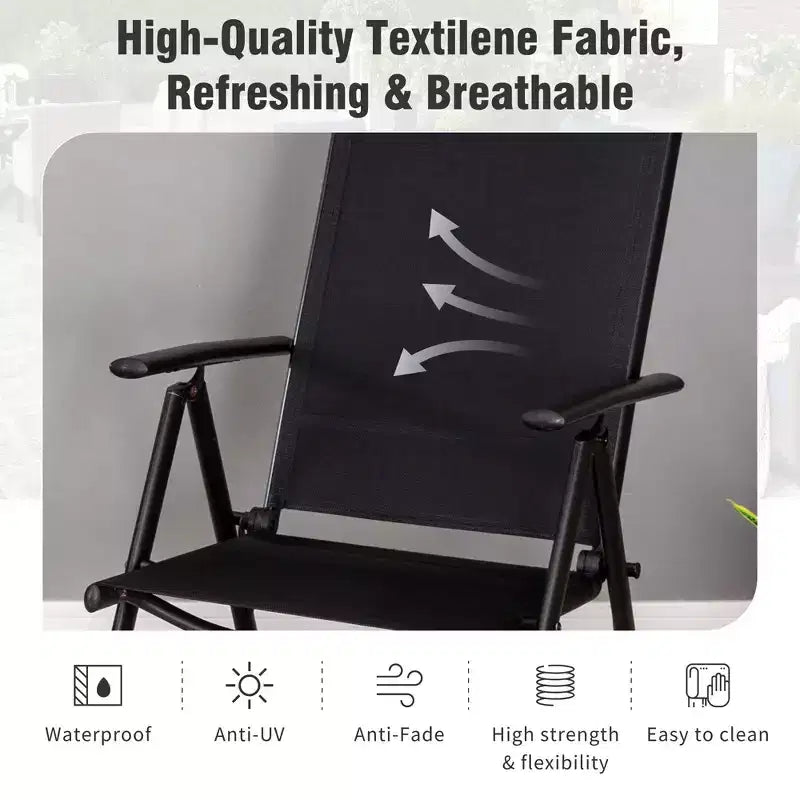 Captiva Designs 9-teiliges geräumiges quadratisches Metalltisch-Set mit Lamellenplatte, Sonnenschirmöffnung und verstellbaren klappbaren Sling-Stühlen