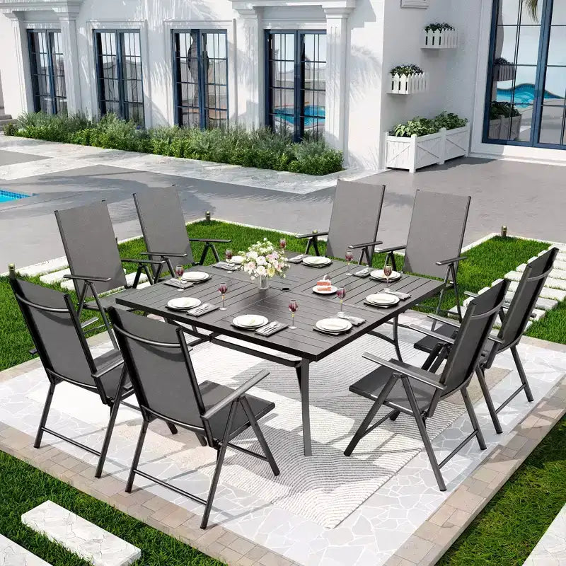 Captiva Designs 9pc Spacious Slat-top Square Metal Table with Umbrella Hole & Reclining Foldable Sling Chairs