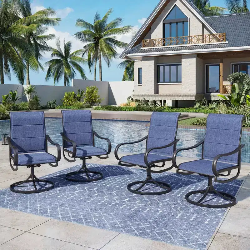 Amplia mesa cuadrada de metal con tablero de listones y orificio para sombrilla, juego de patio de 9 piezas de Captiva Designs con sillas giratorias acolchadas de textilene