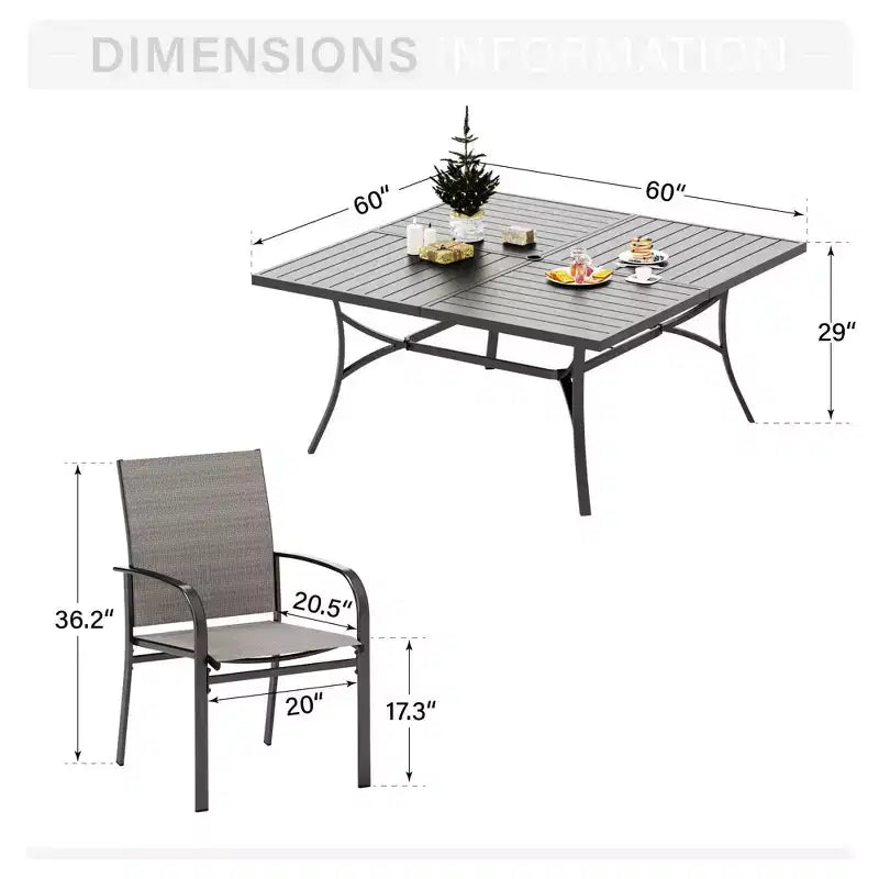 Set da pranzo Captiva Designs da 9 pezzi con spazioso tavolo quadrato in metallo a doghe con foro per ombrellone e sedie da pranzo fisse con seduta in tessuto