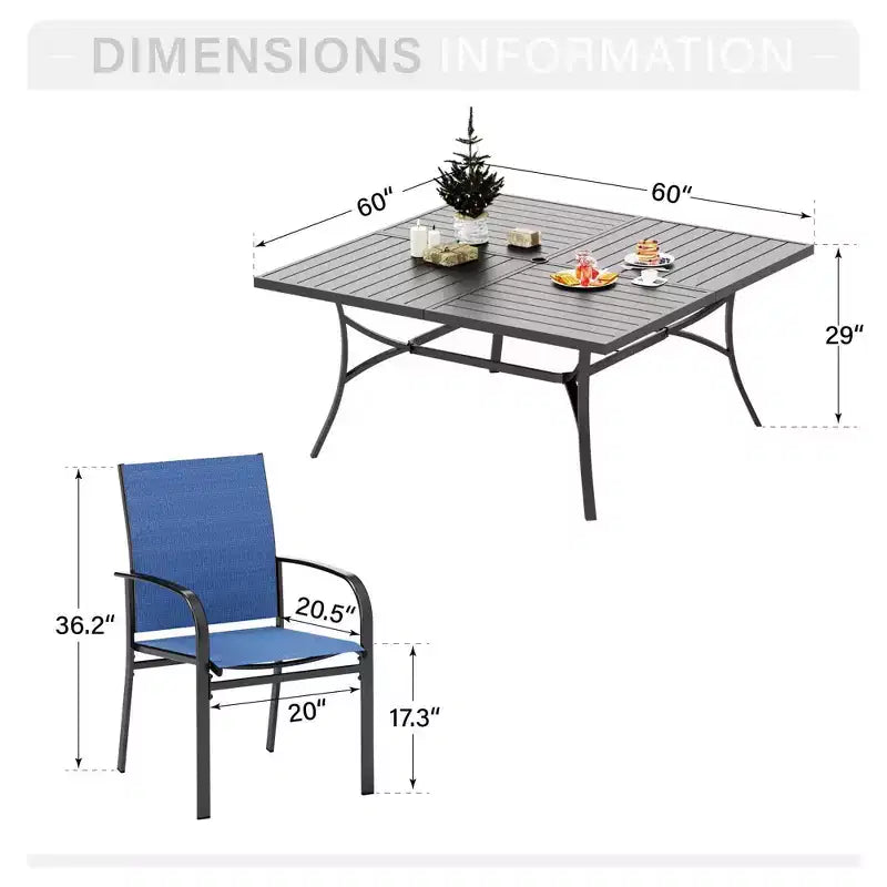Set da pranzo Captiva Designs da 9 pezzi con spazioso tavolo quadrato in metallo a doghe con foro per ombrellone e sedie da pranzo fisse con seduta in tessuto