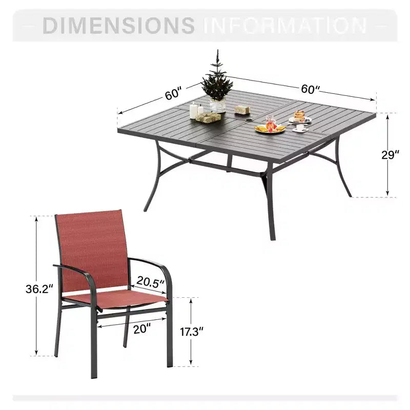 Set da pranzo Captiva Designs da 9 pezzi con spazioso tavolo quadrato in metallo a doghe con foro per ombrellone e sedie da pranzo fisse con seduta in tessuto