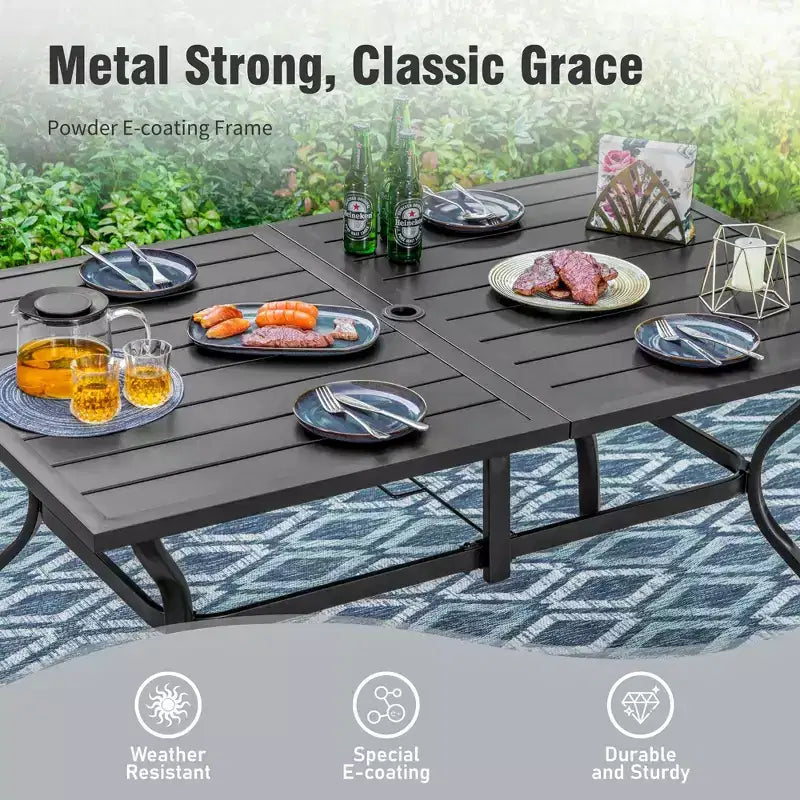 Mesa de comedor rectangular de acero con tablero de listones para exterior Captiva Designs de 7 piezas y sillas con eslinga acolchada en gris pardo