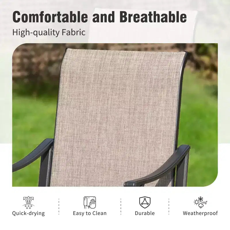 Mesa rectangular de acero negro para comedor de patio con 9 piezas de Captiva Designs y sillas fijas de textilene marrón