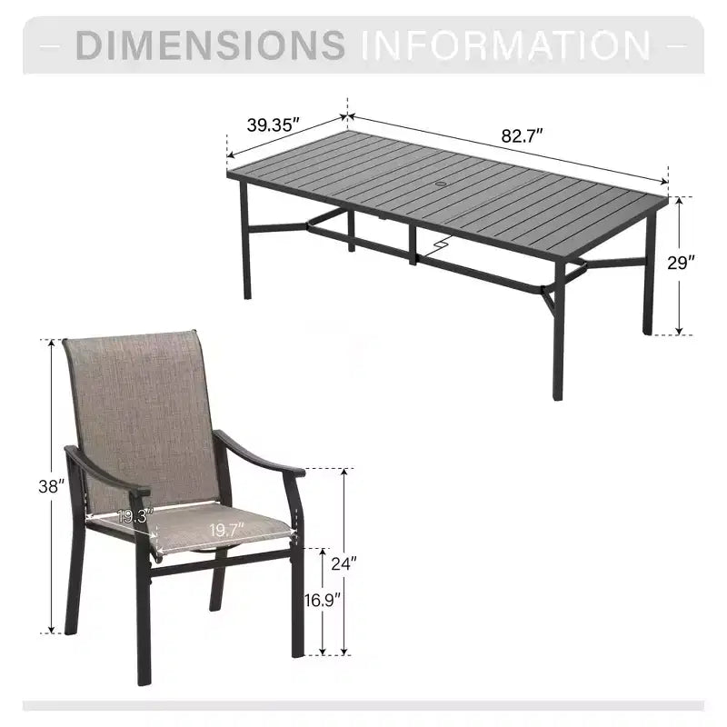 Mesa rectangular de acero negro para comedor de patio con 9 piezas de Captiva Designs y sillas fijas de textilene marrón